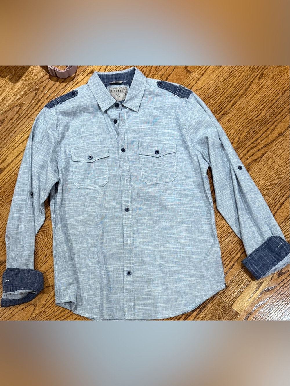 GUESS Light Blue Casual Button-Down Shirt with Dark Blue Accents